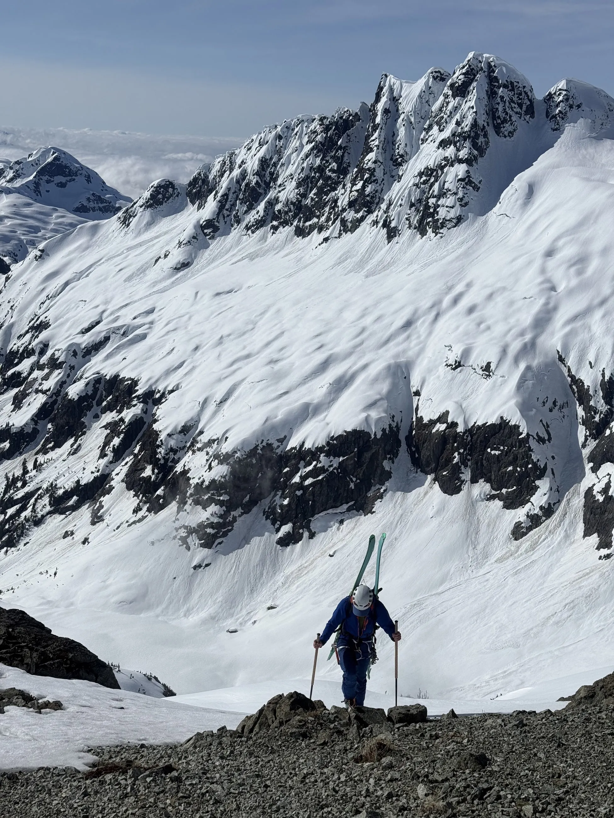 Alexis climbing toward the Alpha–Serratus col above the Lake Lovely Water basin