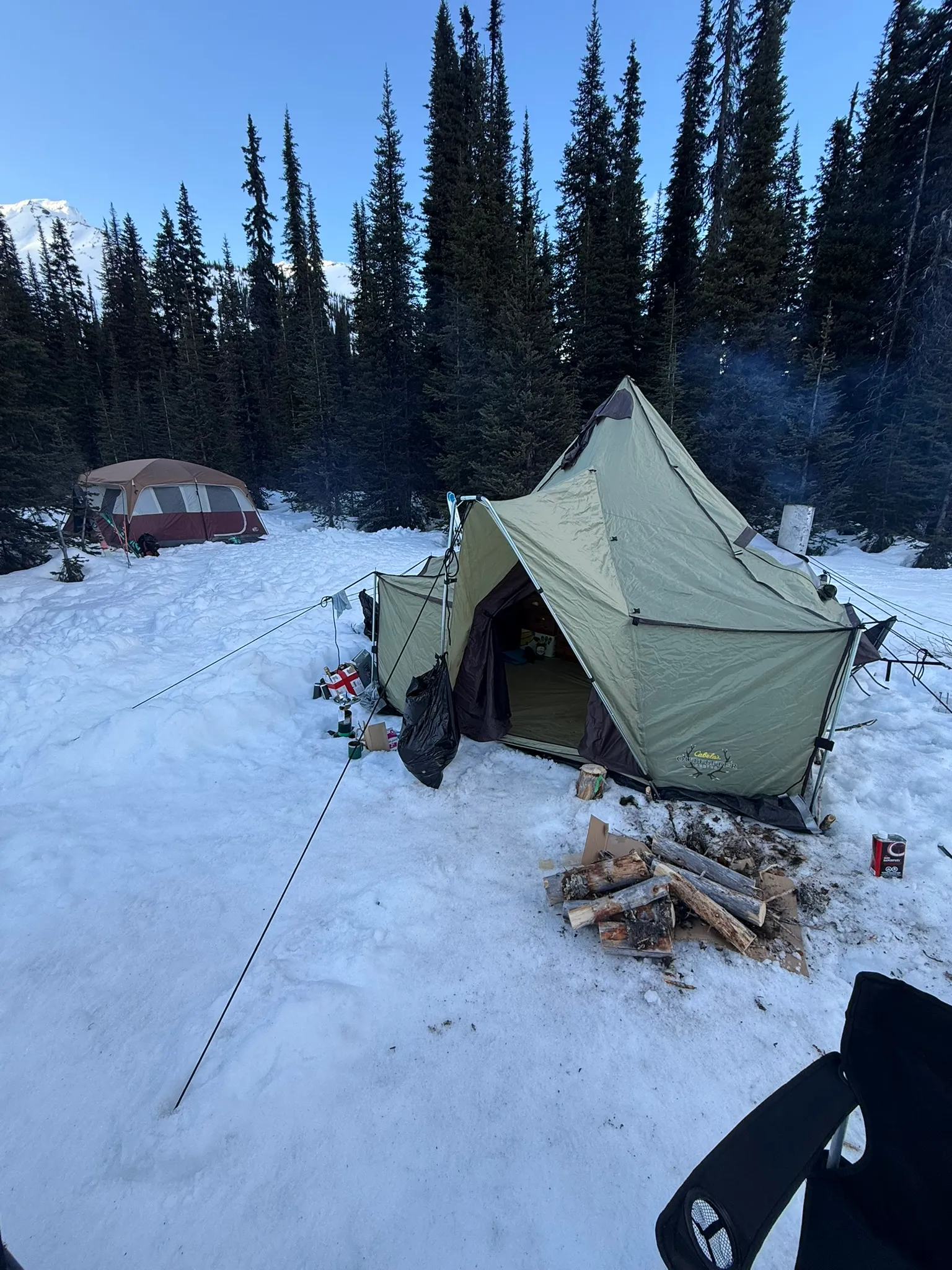 A large green cook tent pitched among the trees at Azure Pass base camp