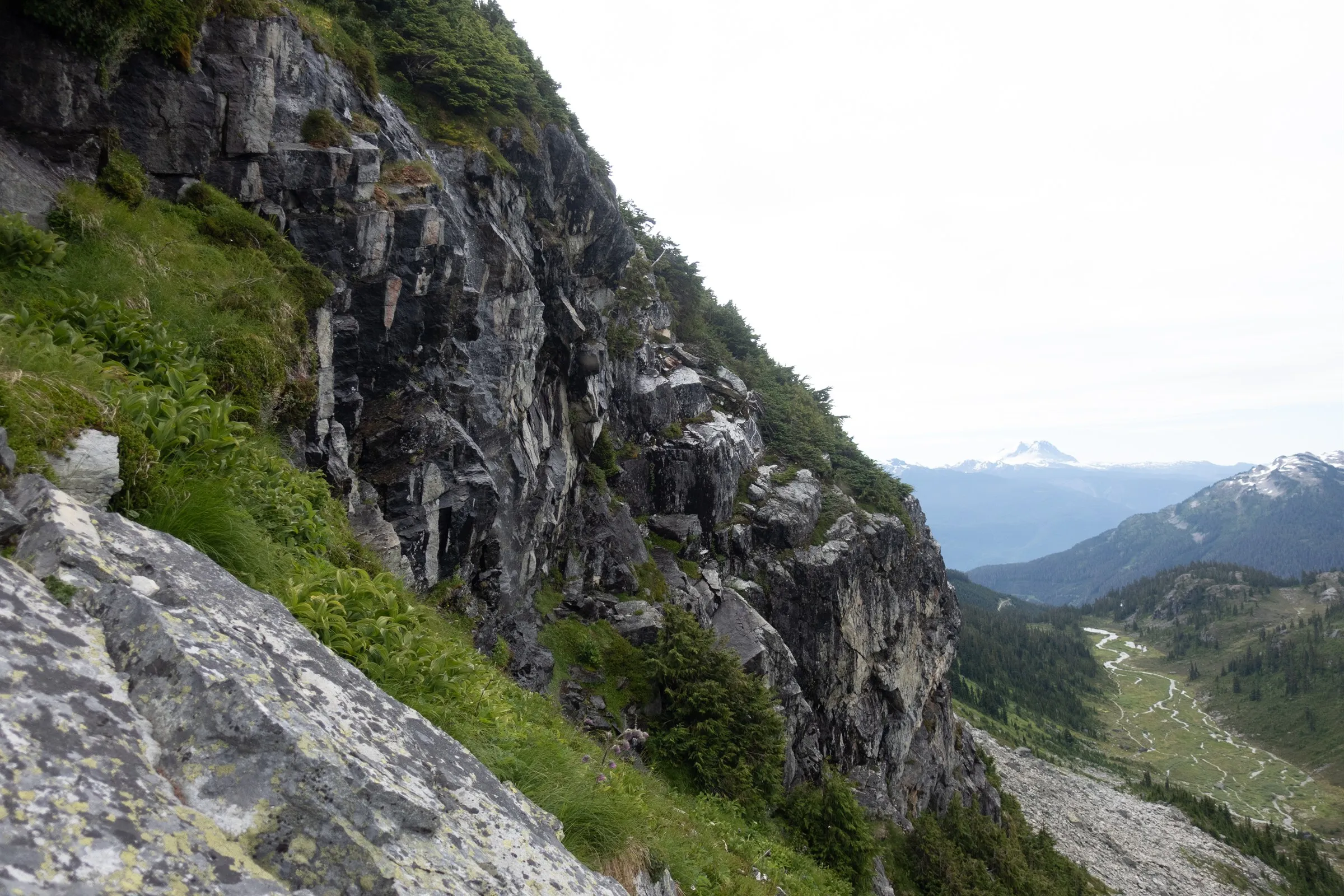 Dark cliffs above a grassy bench at the base of Bastardo with Brandywine Meadows below