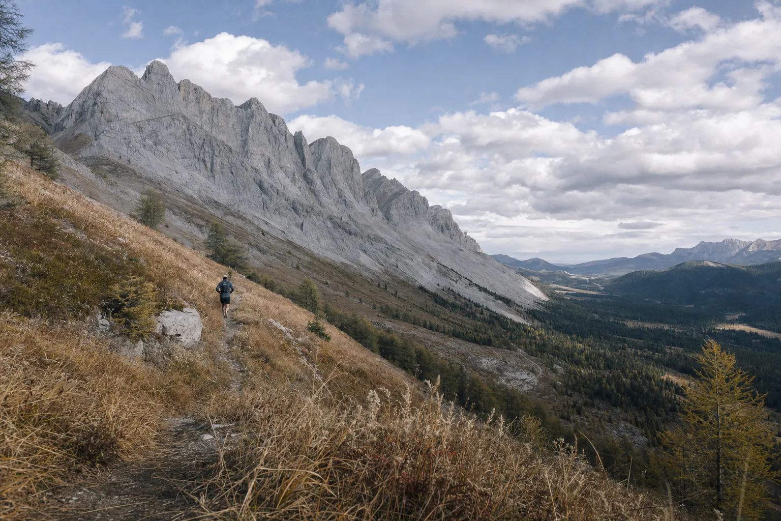 A runner beneath a long pale limestone ridge in early autumn