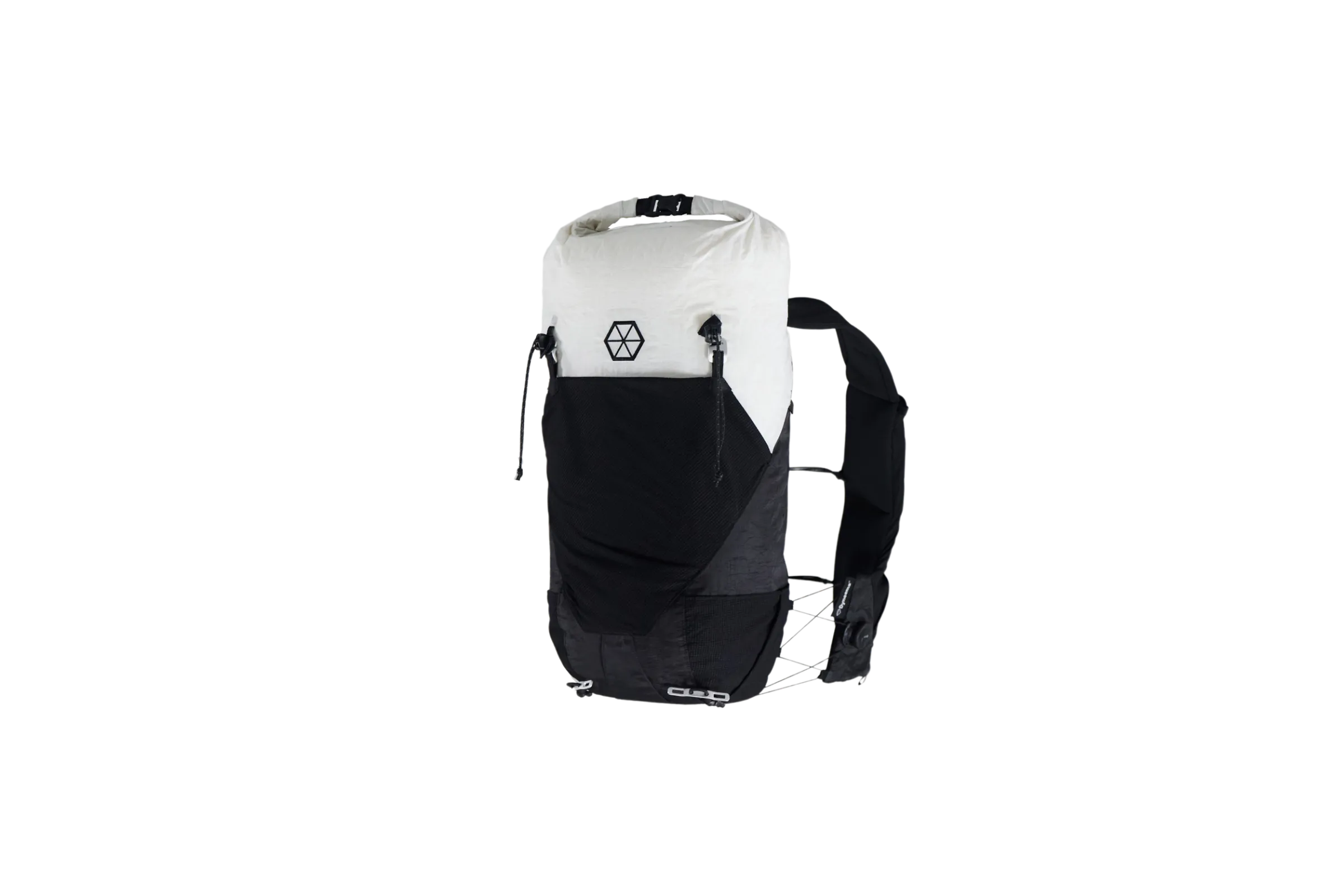 Front three-quarter view of the white and black Samaya Ultra Pace alpine pack