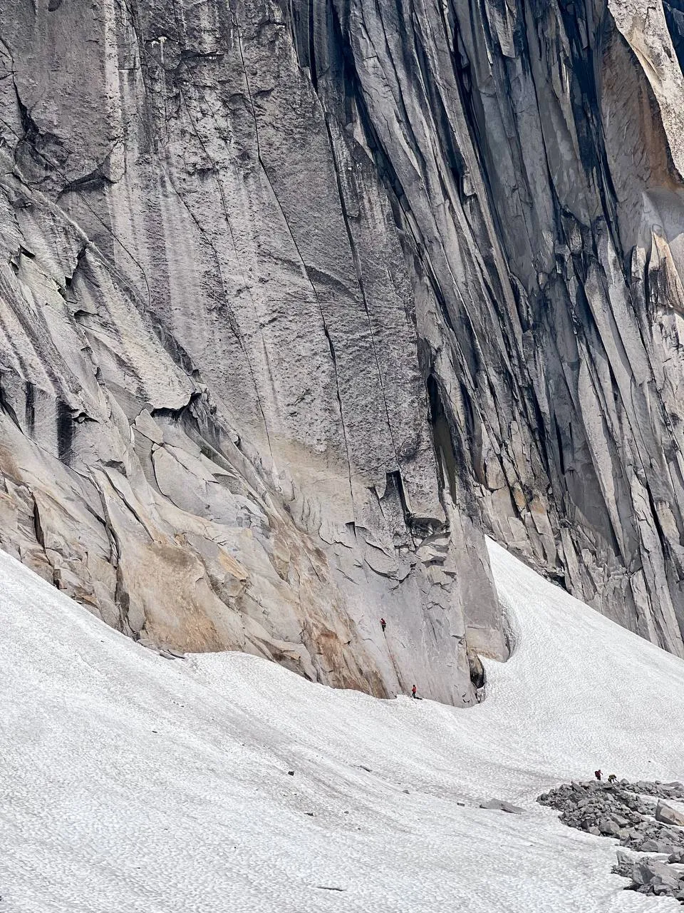 The start of Solitary Confinement above the glacier on Prince Albert Spire
