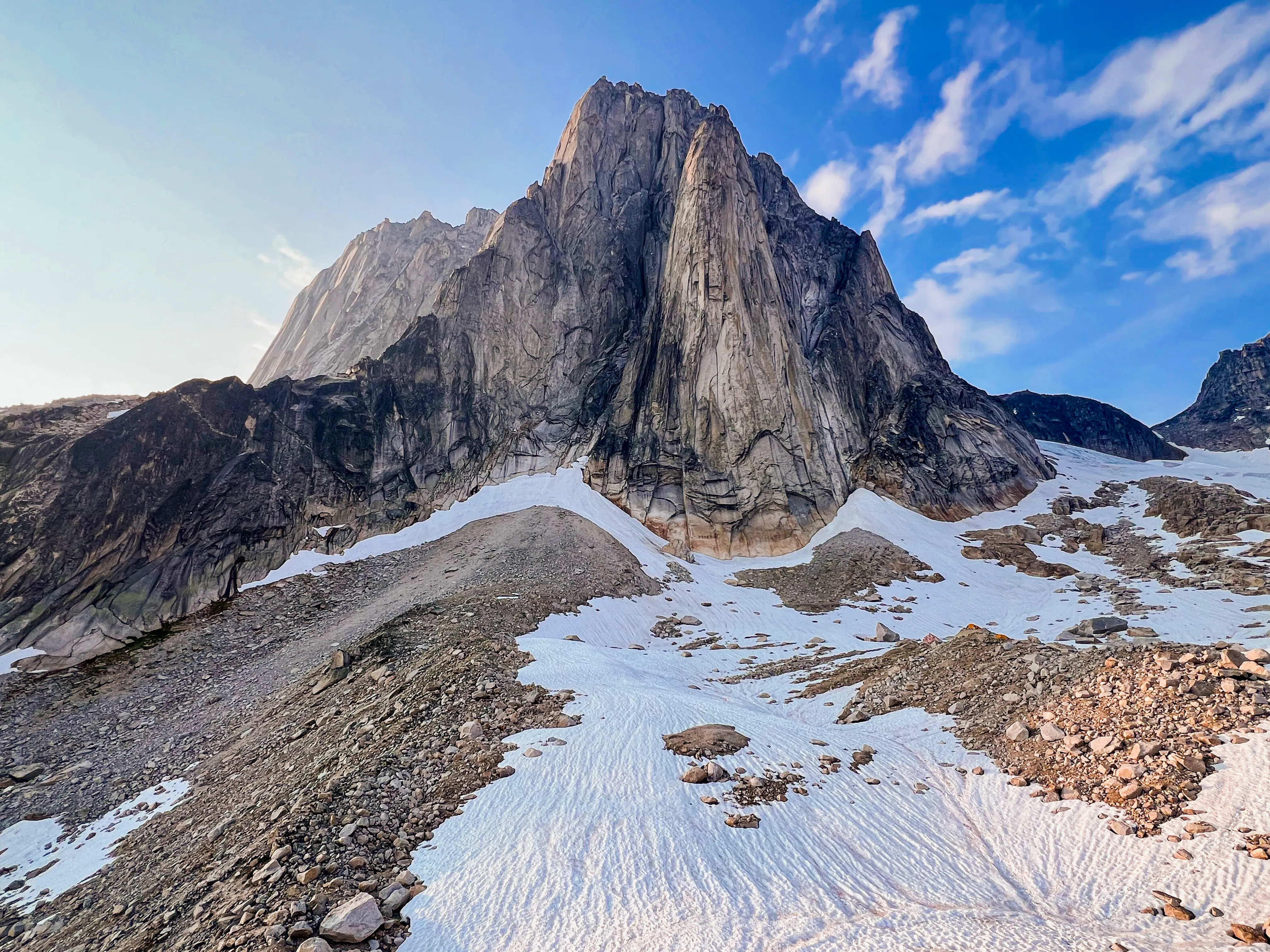 South Howser Tower rising above late-season snow in the Bugaboos