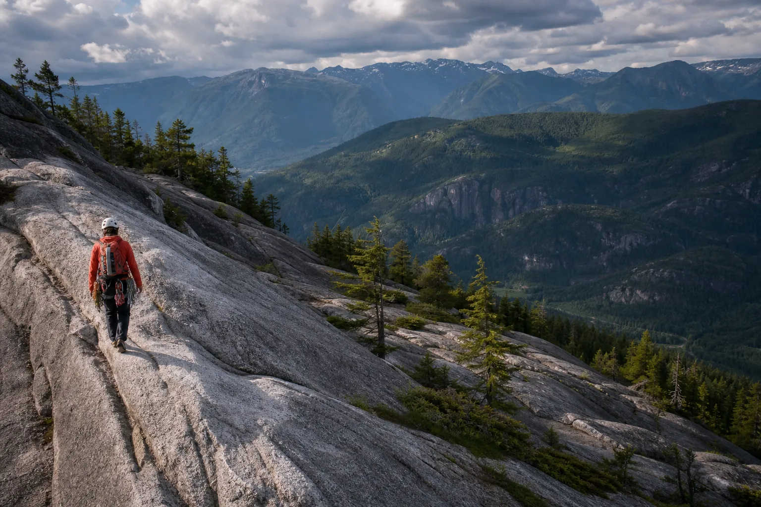 A climber walking across broad granite slabs above a forested coastal valley